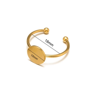 Detail view of adjustable 10mm gold plated stainless steel ring base with 18mm diameter