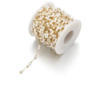 Detail of 8mm shell beads DIY chain on roll for 18k gold plated stainless necklaces