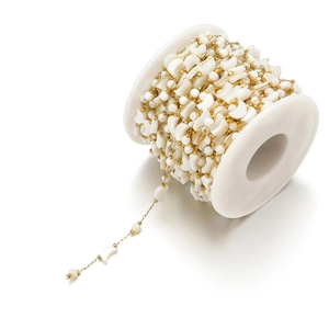 8mm white crescent shell beads on gold plated stainless steel chain on plastic spool