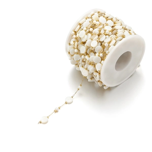 Detailed macro view of 8mm shell beads and 18k gold plated stainless steel handmade chain