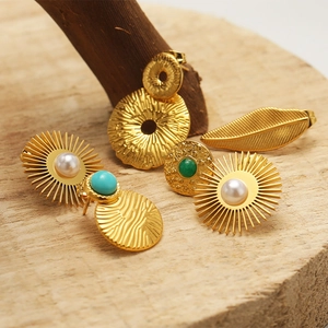 Stainless Steel Sunflower Artificial Pearl Stud Earrings Vintage Feather Turquoise Inlaid Gold Silver Plated Women Jewelry