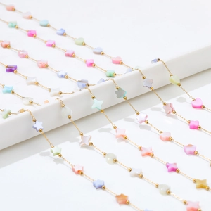 Colorful macaron star and heart charms on golden stainless steel braided necklaces
