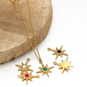 Bohemian Stainless Steel Eight Point Star Pendant Only With Natural Stone Inlaid Gold Plated Compass Star Charm For DIY Jewelry