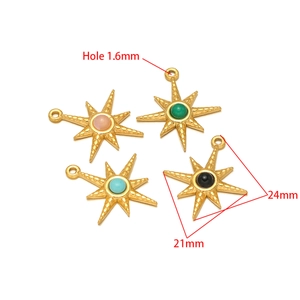 Detail showing 21x24mm gold star pendants with colorful natural stone inlays and dimensions