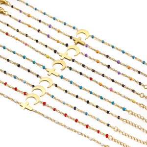 Bracciale in Acciaio Inossidabile con Perle di Smalto Pendente Luna Croce Regolabile Gioielli Moda per Donna Uomo Oro