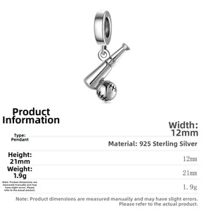 925 sterling silver baseball bat and ball pendant for DIY sports jewelry charms