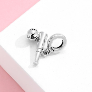 S925 sterling silver baseball bat and ball pendant charm with detailed textured stitching