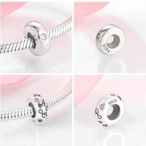 Vues détaillées du charm espaceur en argent S925 avec zircon rose et motif de note musicale