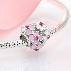 S925 sterling silver heart charm with pink floral enamel on snake chain bracelet