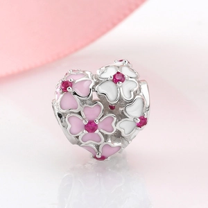 Polished S925 silver heart charm with pink white enamel flowers and zircon crystals
