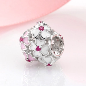 Exquisite S925 sterling silver cherry blossom bead with pink and white enamel petals