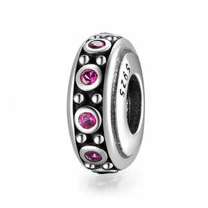 S925 sterling silver flower charm bead with pink cubic zirconia and beaded texture