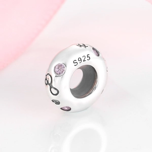 Perle d'espacement en argent S925 avec zircons roses et gravure de l'infini sur le côté