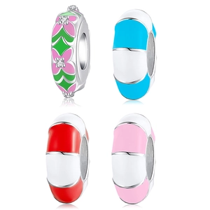 925 Sterling Silver Enamel Donut Spacer Beads For Women Bracelet DIY Jewelry Accessory Rhinestone Flower Stripe Beads