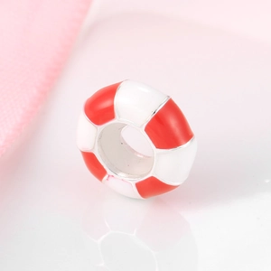 S925 sterling silver doughnut charm with red and white enamel for DIY bracelet jewelry