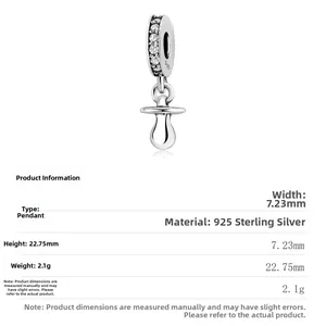 Detailweergave van S925 sterling zilveren speen hanger met micro-pave stenen en maten
