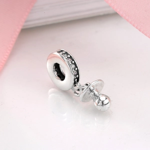 S925 sterling silver pacifier charm pendant with white zircon ring and pink ribbon