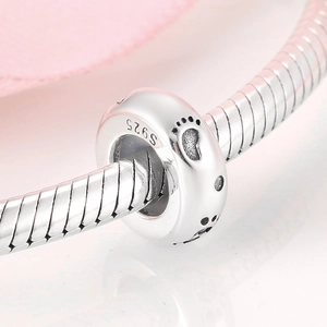 S925 sterling silver charm bead with black paw prints and cubic zirconia on snake chain