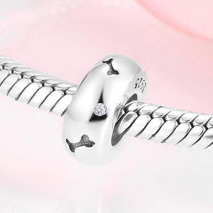 Polished S925 silver bone charm with zircon stone on snake chain bracelet
