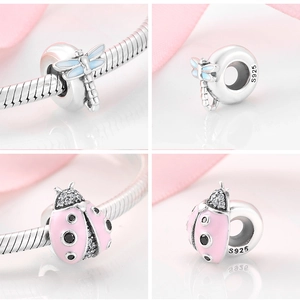 Vue macro de perles en argent S925 émaillé avec motifs libellule et coccinelle