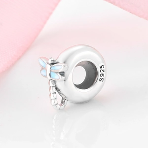 Perle libellule en argent sterling S925 avec émail bleu pour création de bijoux