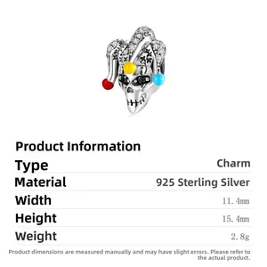 S925 sterling silver clown skull bead with colorful stones and black zircon eyes