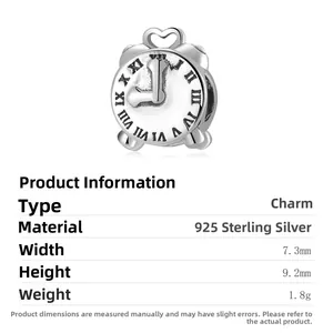 Vintage 925 sterling silver alarm clock bead charm with Roman numerals and heart handle
