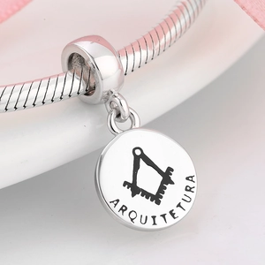 S925 Sterling Silver Arquitetura Pendant with compass symbol on snake chain bracelet