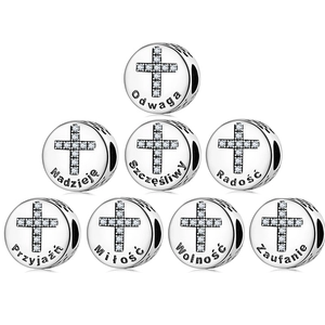 925 Sterling Silber Kreuz Charm Perle Polnische Inschrift Hoffnung Glaube Mut Zirkonia Eingelegt DIY Schmuck Armband Zubehör