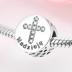 S925 Sterling Silber Kreuz Charm mit Zirkon und polnischer Aufschrift für Armbänder
