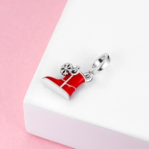 S925 sterling silver Christmas red boot charm with snowflake pendant for DIY bracelets