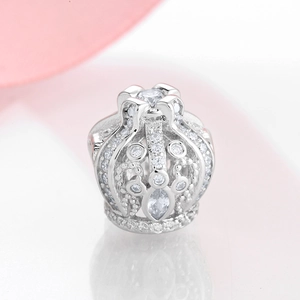 S925 sterling silver hollow crown charm bead with sparkling zirconia for DIY bracelets