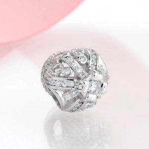 Sparkling S925 sterling silver hollow crown charm with pavé cubic zirconia for DIY bracelets