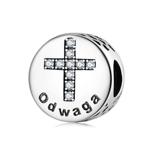 925 Silber Anhänger Kreuz mit Zirkonia und graviertem Odwaga Mut-Schriftzug