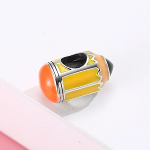 S925 sterling silver pencil charm with yellow and orange enamel for DIY bracelets