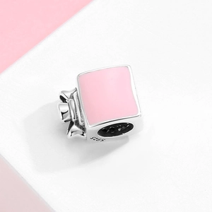 S925 sterling silver pink enamel perfume gift box charm with bow detail for DIY bracelets