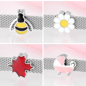 Detailed grid showing S925 silver bee, daisy and stroller charms on mesh bracelet