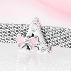 Pink bow letter A charm in 925 sterling silver with sparkling crystals for DIY bracelets
