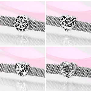 Detailed S925 sterling silver charms with heart and wing motifs for flat mesh bracelets