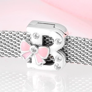 Pink enamel bow and crystal letter B charm on silver mesh bracelet for jewelry making