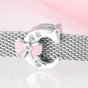 Pink enamel bow and letter C charm bead with white zircons on silver mesh bracelet