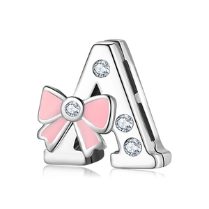 Pink enamel bow letter A charm in 925 sterling silver with white zircon for bracelets