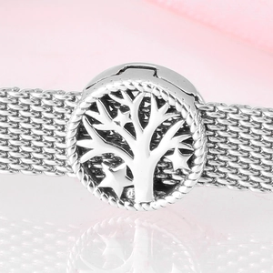 Sterling silver mesh watch-style bracelet with tree of life charm and star details