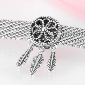 S925 sterling silver dreamcatcher charm with three feather pendants on mesh bracelet