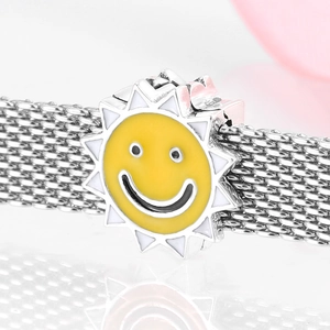 Polished S925 sterling silver sun charm with yellow enamel smile on mesh bracelet