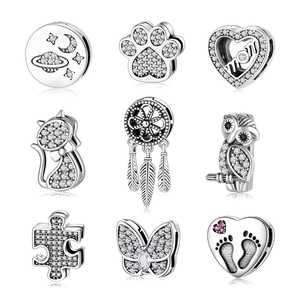 Collection of S925 sterling silver charms featuring heart, star, and animal designs with zircon
