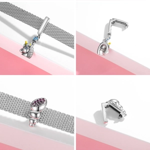 Detailed macro view of S925 sterling silver unicorn pendant and crystal bead charms