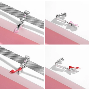 Detailed view of S925 silver high heel charms with pink enamel and zircon on a bracelet