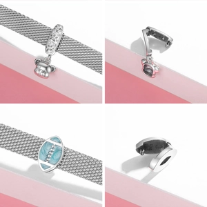 Detailed macro view of S925 sterling silver panda charm and blue enamel bead for bracelets