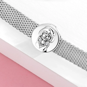 Bracciale a maglia in argento sterling con ciondolo a scimmia e zirconi scintillanti